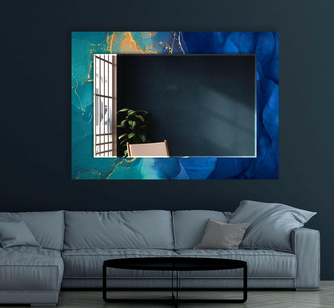 Green & Dark Blue Abstract Wall Mirrors living room mirror