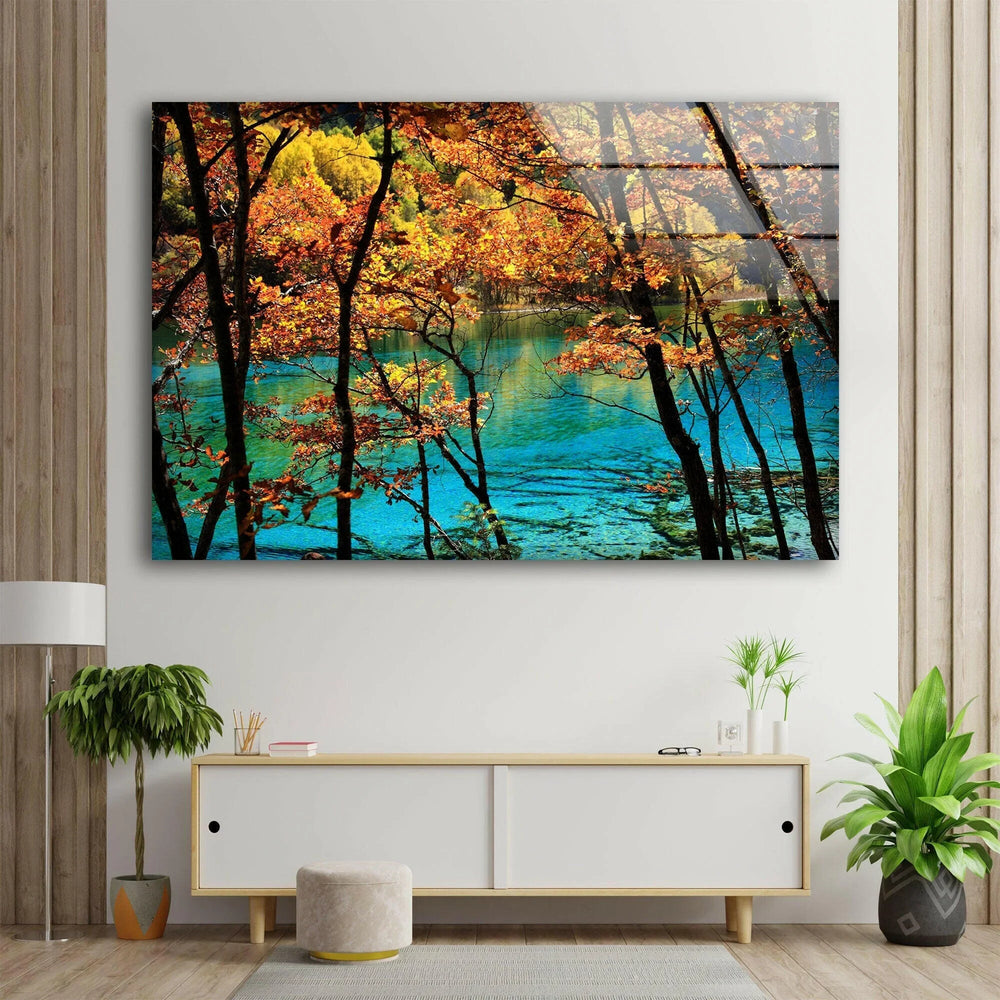 Vibrant Fall Foliage and Serene Lake Scene on Tempered Glass