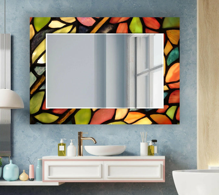 Green & Orange Leaves Wall Mirror bathroom mirror with lights