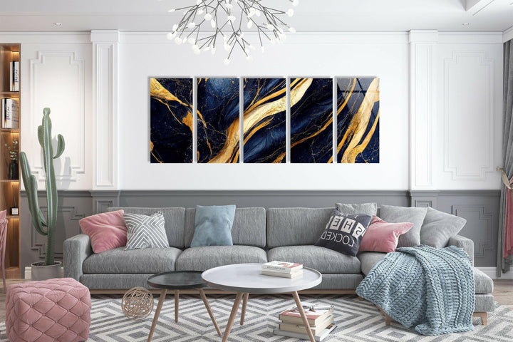 Navy Blue With Golden Veins Marble Glass Wall Art, glass pictures for Wall, glass prints wall art