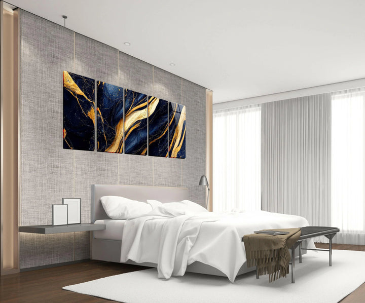 Navy Blue With Golden Veins Marble Glass Wall Art, custom glass pictures, glass art prints
