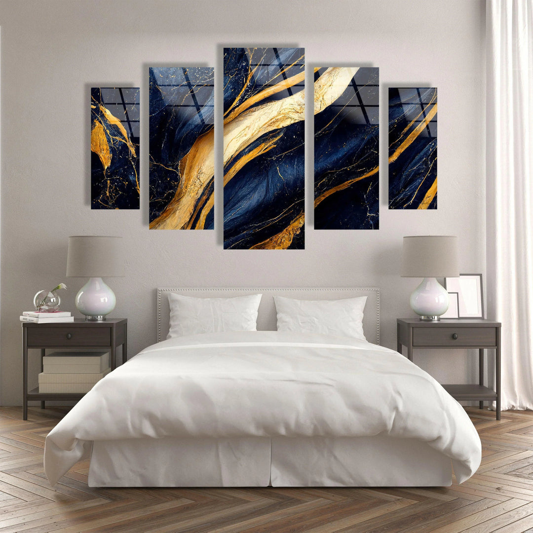 Navy Blue With Golden Veins Marble Glass Wall Art, Glass Printing Wall Art, Print photos on glass