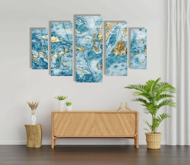 Light Blue & Gold Glitter Marble Abstract Glass Wall Art, glass photo prints, glass picture prints