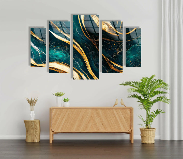 Green, Turquoise With Gold Marble Abstract Glass Wall Art, print on glass, glass printed photos