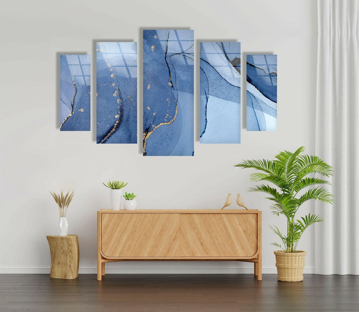 Navy Blue, Gold Foil Alcohol Ink Glass Wall Art, glass pictures for Wall, glass prints wall art