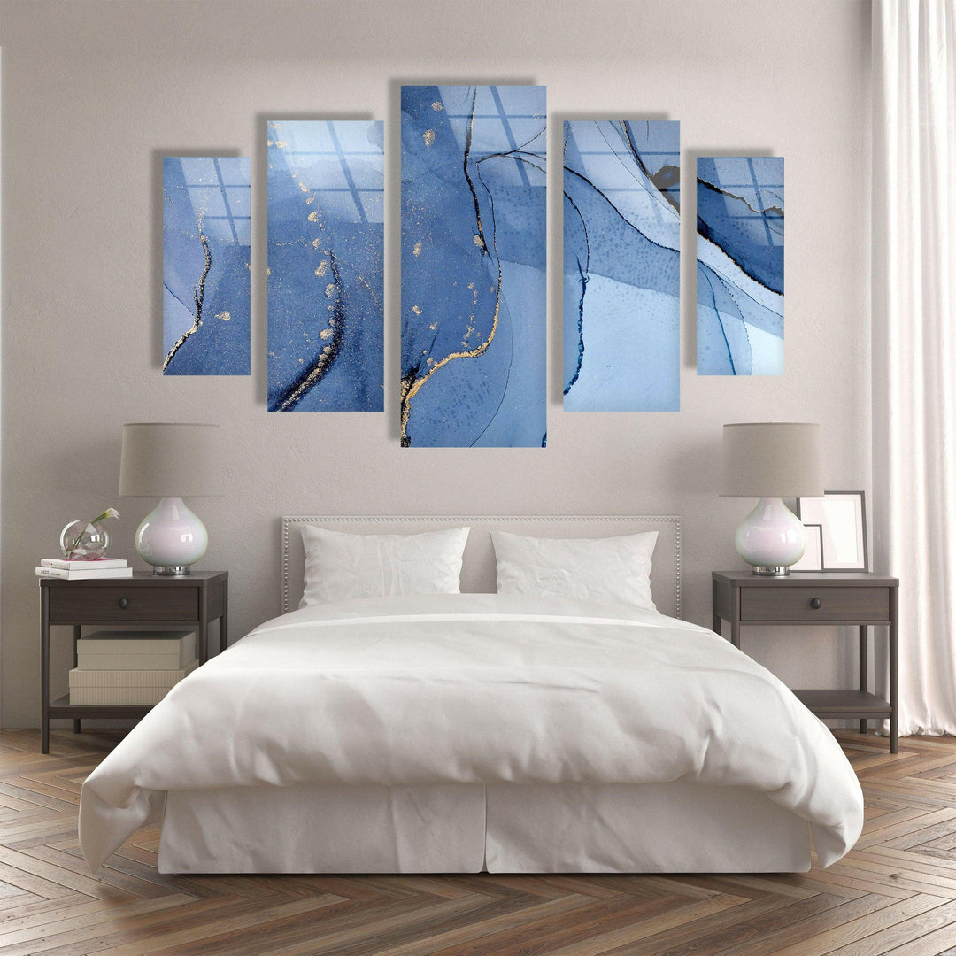 Navy Blue, Gold Foil Alcohol Ink Glass Wall Art, photo print on glass, prints on glass wall art
