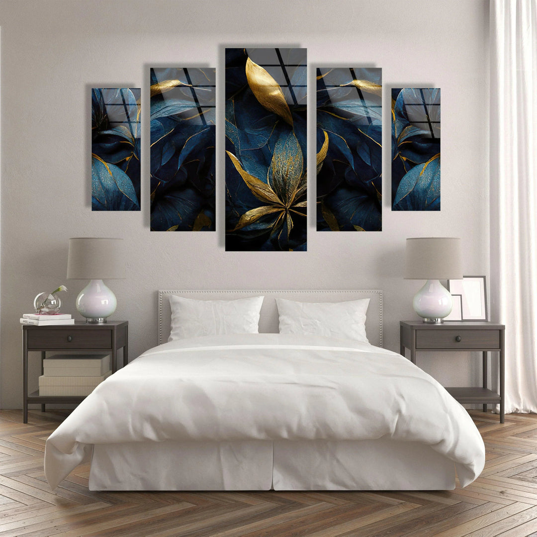 Luxurious Golden, Dark Blue Floral Glass Wall Art, glass wall decor, glass wall art decor