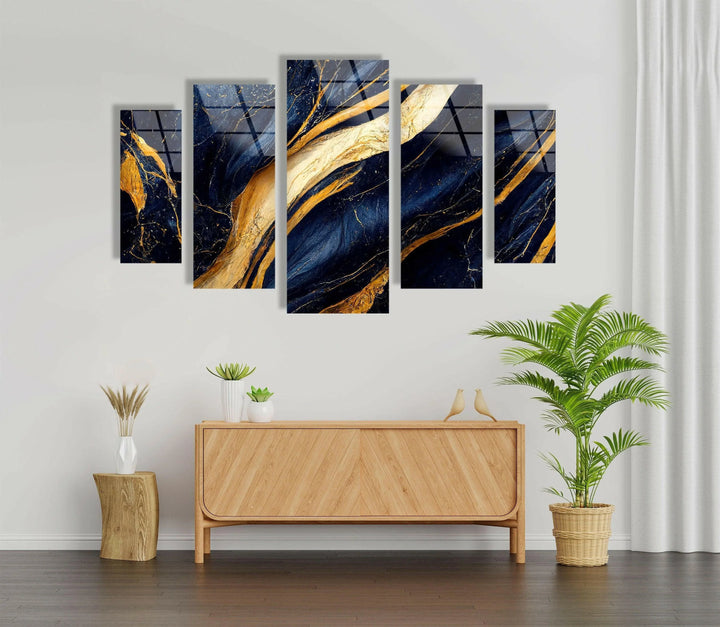 Navy Blue With Golden Veins Marble Glass Wall Art, art glass wall art, glass wall art pictures