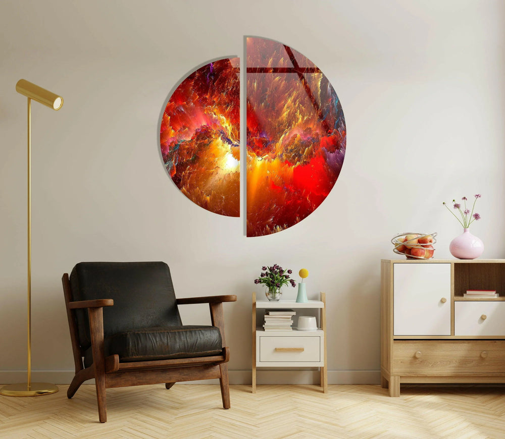 Two Piece Round Red Abstract Glass Wall Art glass wall decor, glass wall art decor