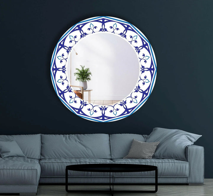 Mandala White & Blue Round Wall Mirror Mosaic Mirror