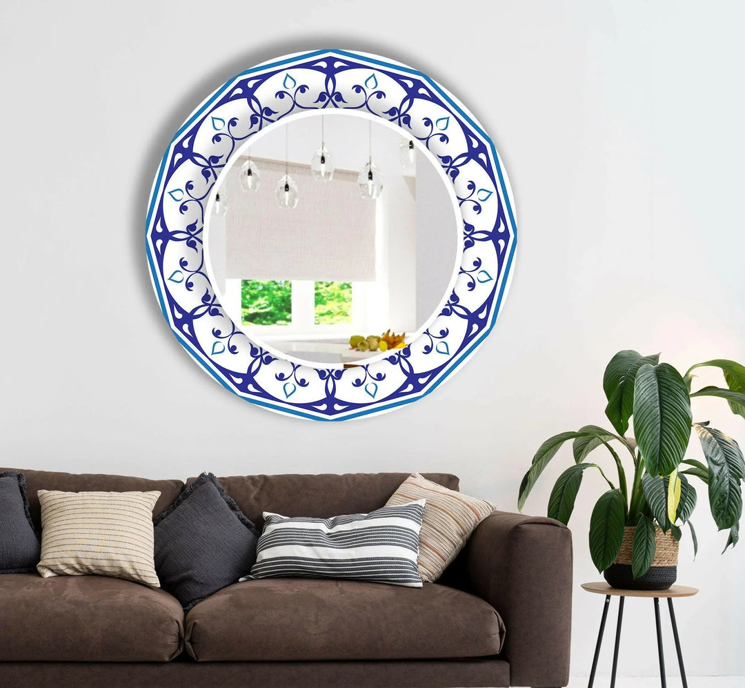 Mandala White & Blue Round Wall Mirror Stained Glass Mirror