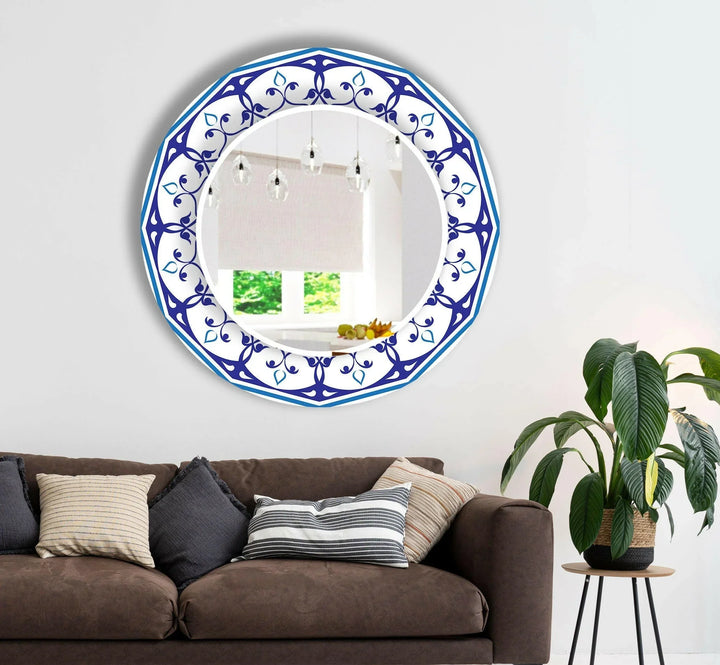 Mandala White & Blue Round Wall Mirror Stained Glass Mirror