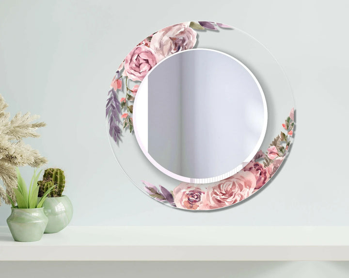 Transparent Pink Rose Round Wall Mirror Huge Wall Mirror