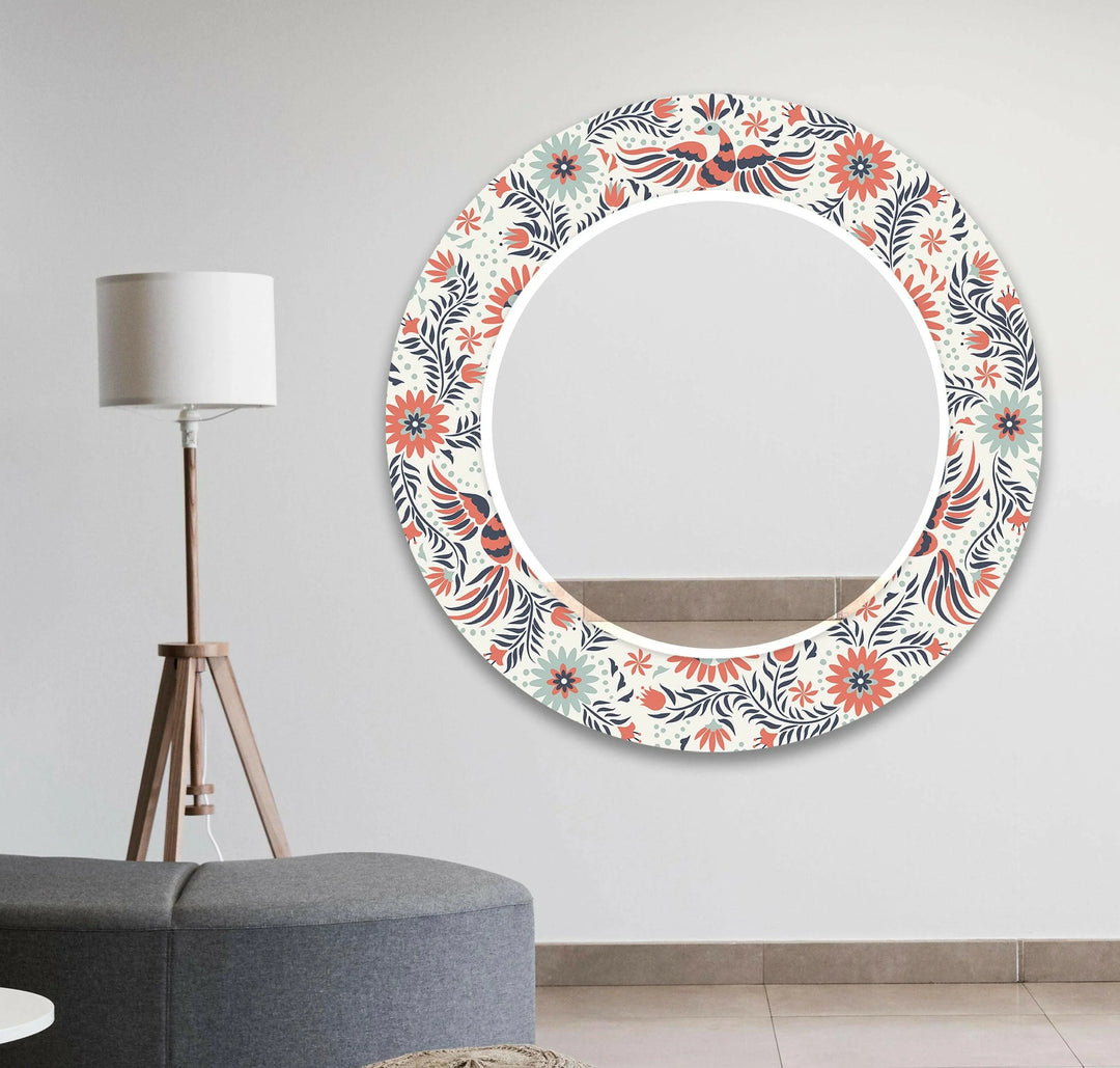 White & Orange Flowers Round Wall Mirror Bathroom Mirror