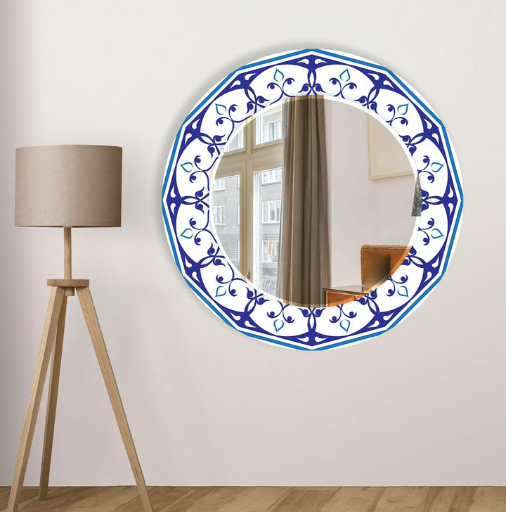 Mandala White & Blue Round Wall Mirror Abstract Mirror