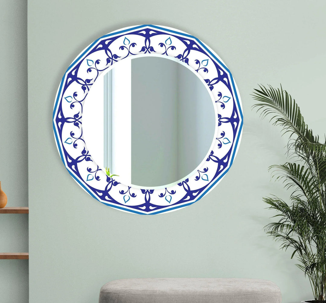 Mandala White & Blue Round Wall Mirror Bedroom Wall Mirror