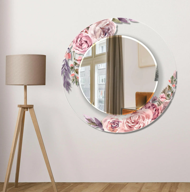 Transparent Pink Rose Round Wall Mirror Entryway Mirror