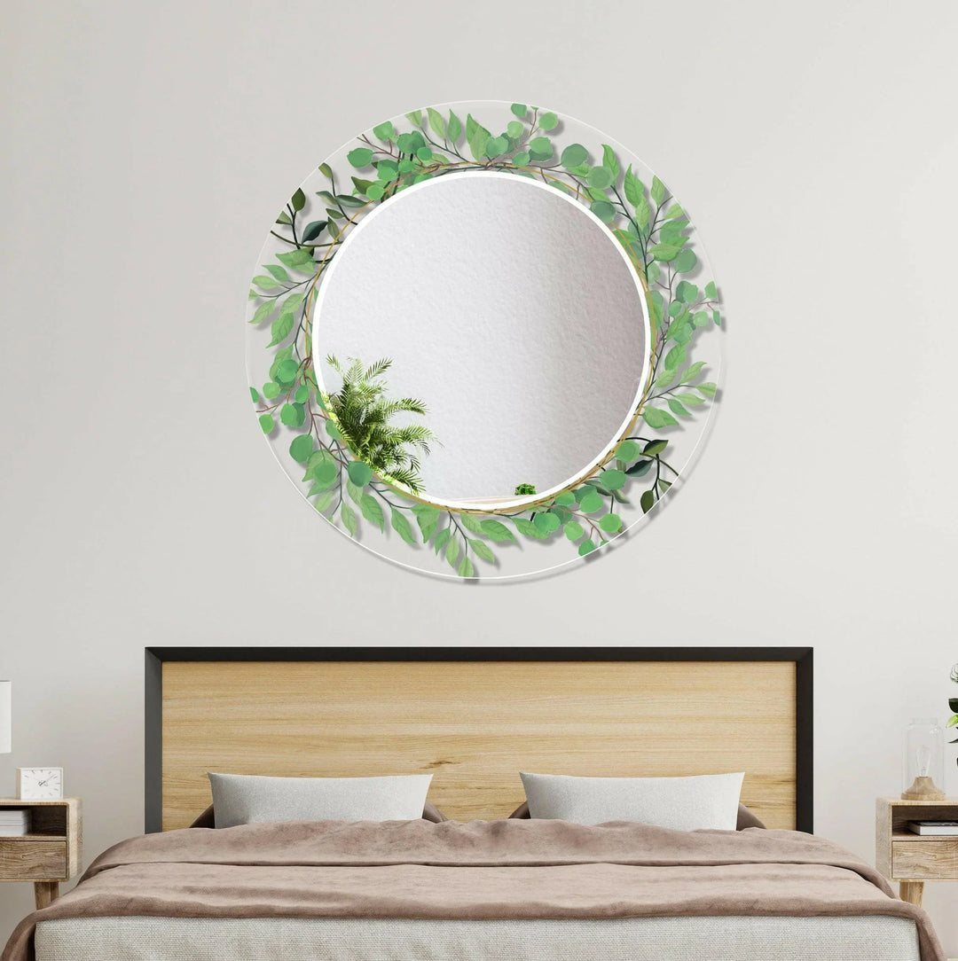 Transparent Green Leafs Round Wall Mirror white framed mirror