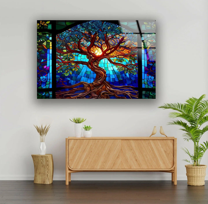Stained Blue Life of Tree Glass Wall Art  photo print on glass, prints on glass wall art