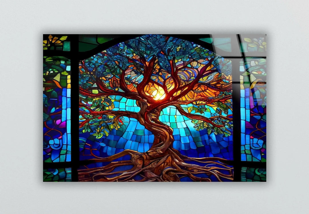 Stained Blue Life of Tree Glass Wall Art  stained glass wall art, stained glass wall decor