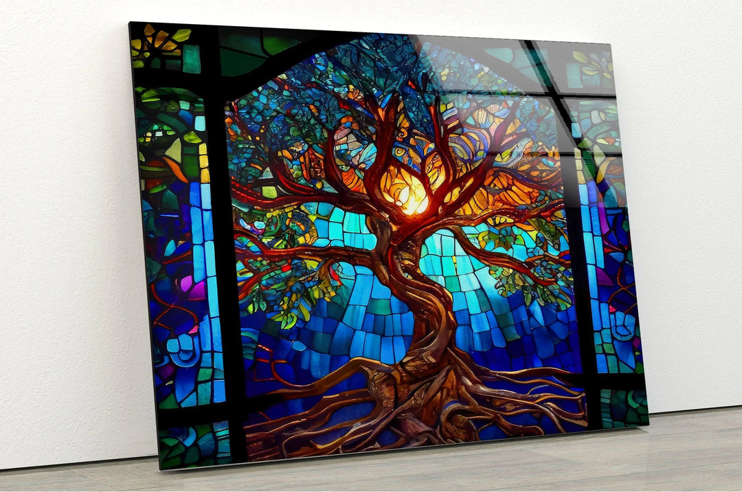 Stained Blue Life of Tree Glass Wall Art  Glass Printing Wall Art, Print photos on glass