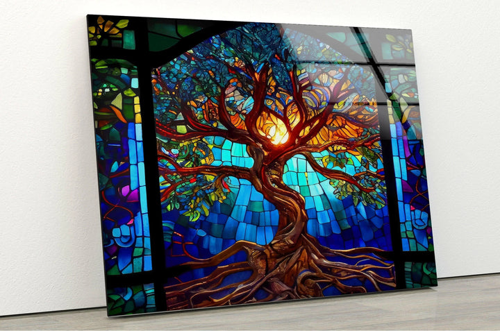 Stained Blue Life of Tree Glass Wall Art  Glass Printing Wall Art, Print photos on glass