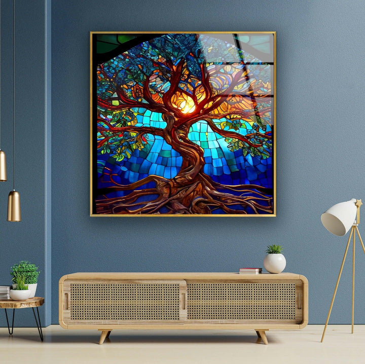 Stained Blue Life of Tree Glass Wall Art  glass art painting, glass art for the Wall