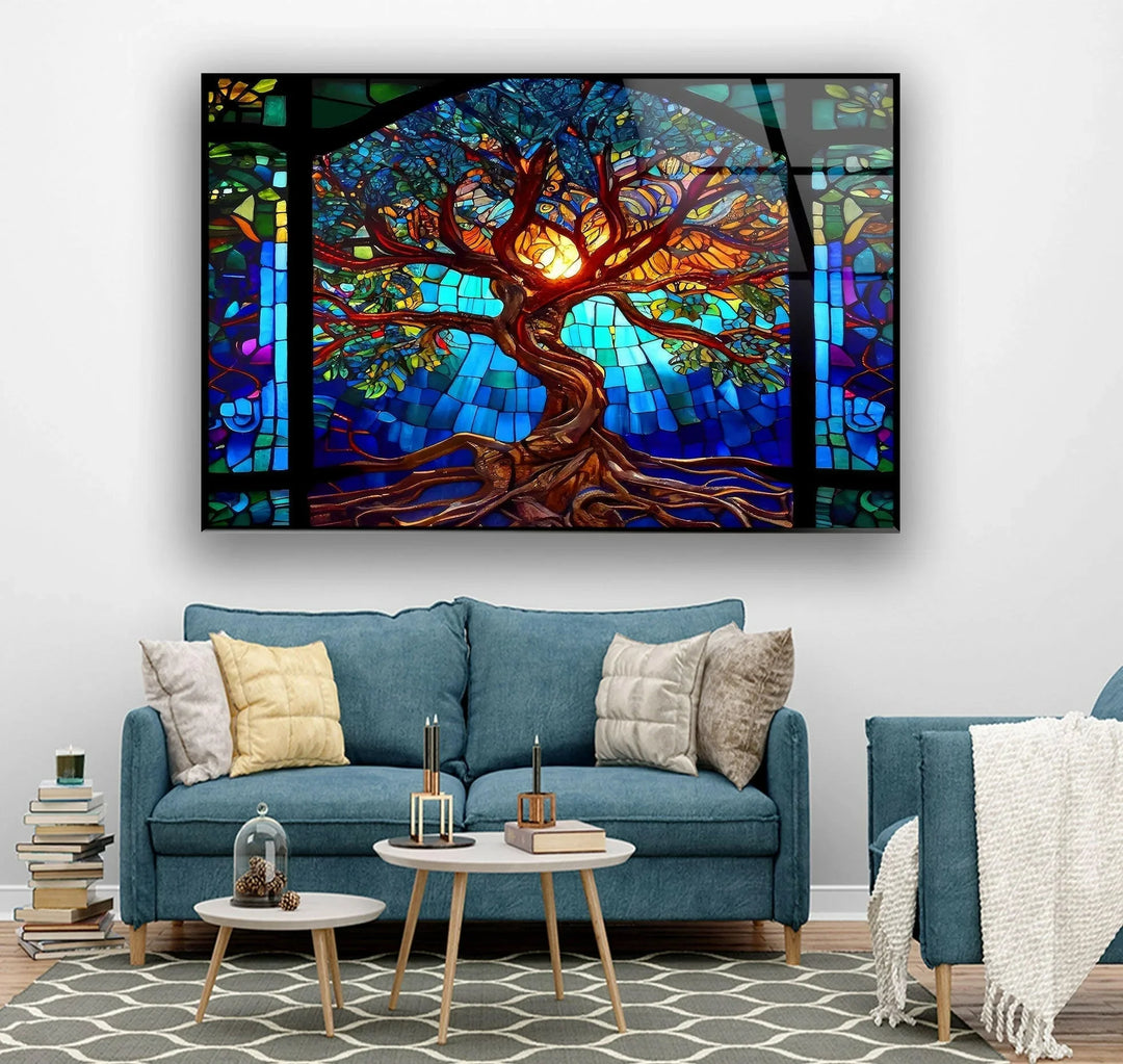 Stained Blue Life of Tree Glass Wall Art  glass image printing, glass prints from photos