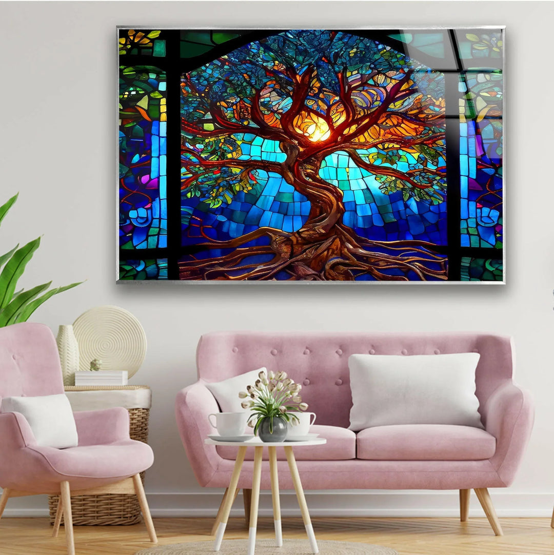 Stained Blue Life of Tree Glass Wall Art  custom glass pictures, glass art prints