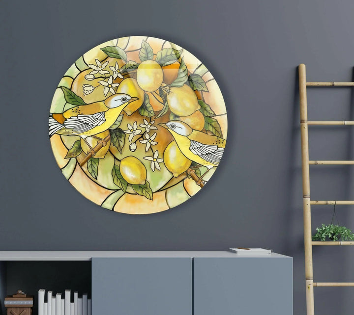 Lemon Tree & Birds Stained Round Glass Wall Art custom glass pictures, glass art prints
