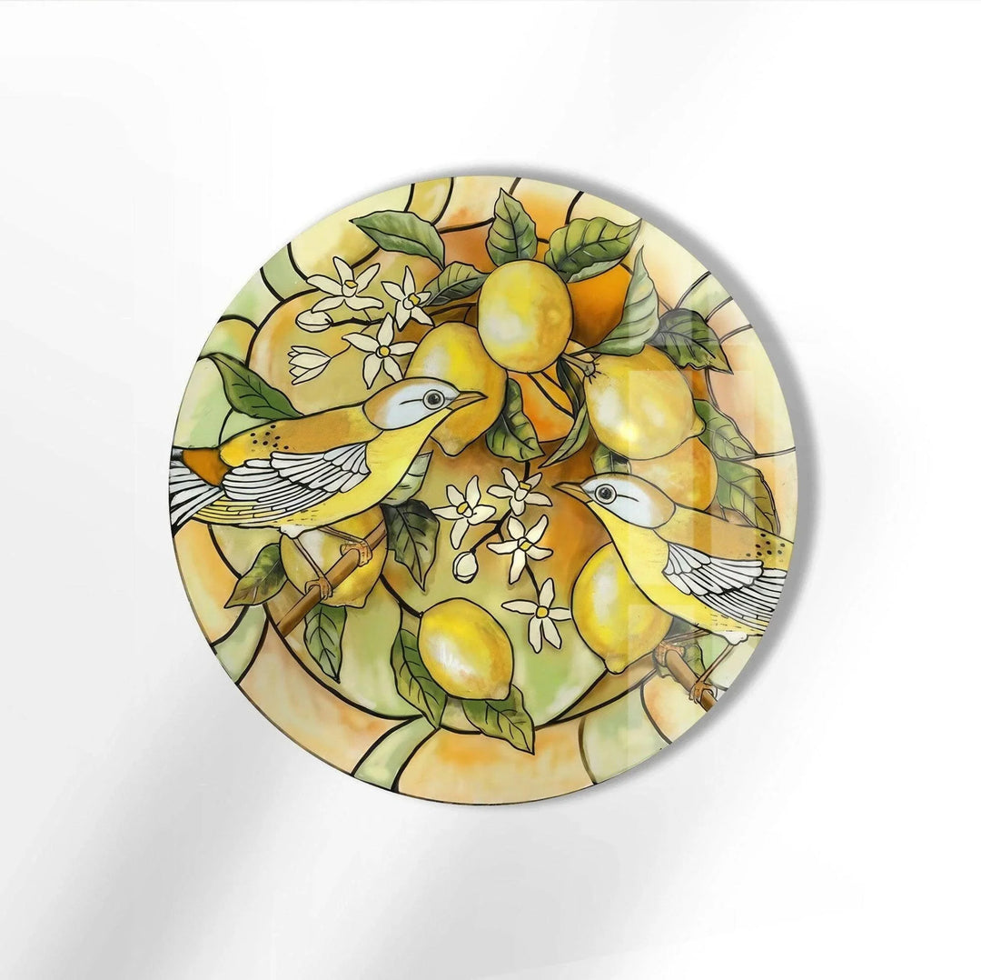 Lemon Tree & Birds Stained Round Glass Wall Art glass art painting, glass art for the Wall