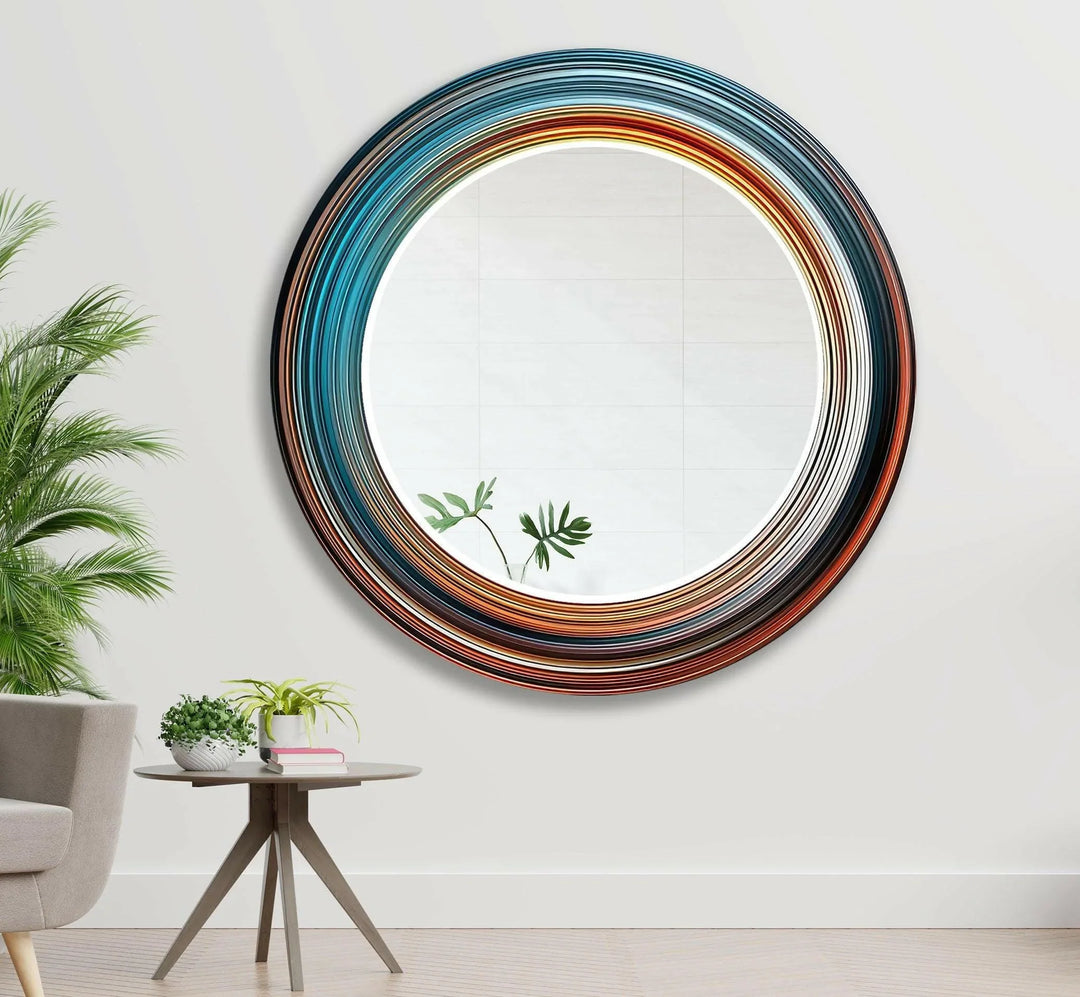 Blue & Orange Abstract Round Wall Mirror Stained Glass Wall Mirror