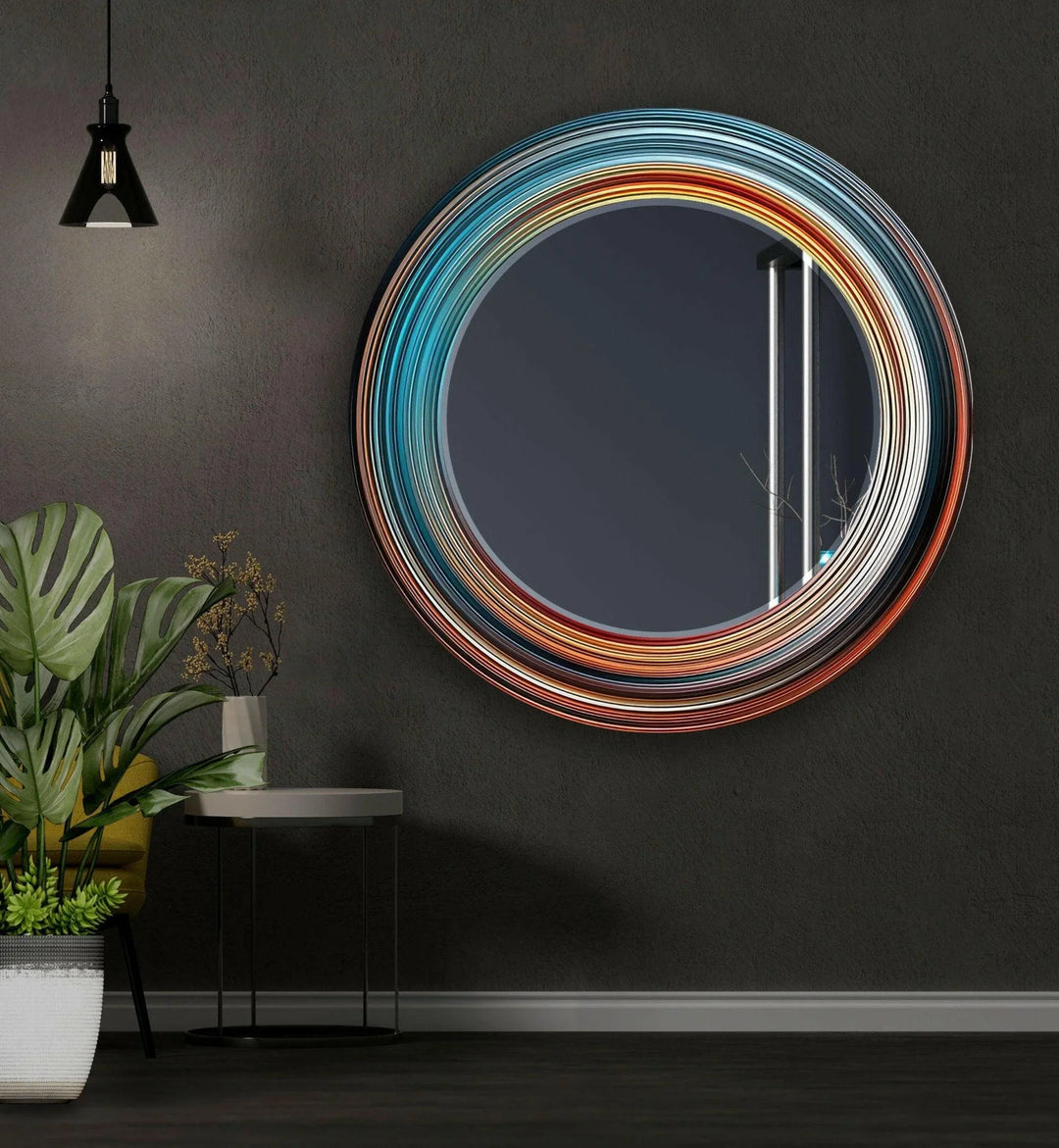 Blue & Orange Abstract Round Wall Mirror Entryway Wall Mirror