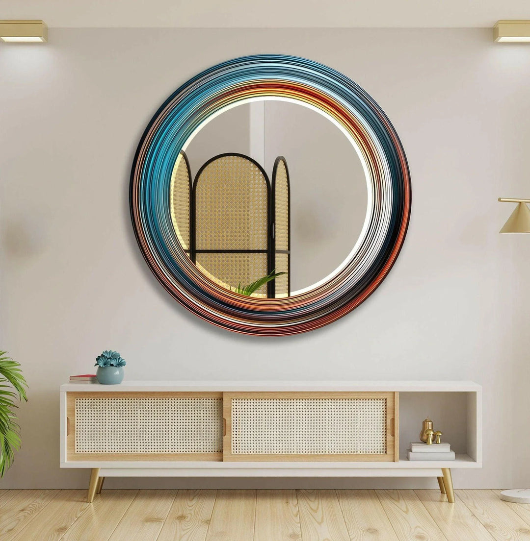 Blue & Orange Abstract Round Wall Mirror Dining Room Wall Mirror