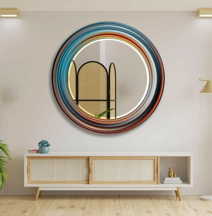 Blue & Orange Abstract Round Wall Mirror Dining Room Wall Mirror