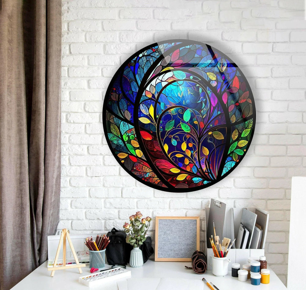 Stained Colorful Leaf Round Glass Wall Art stained glass wall art, stained glass wall decor