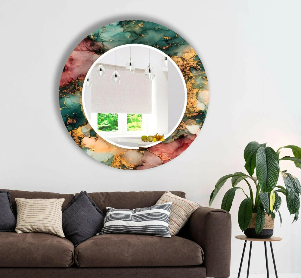 Marble Green & Orange Round Wall Mirror Red Wall Mirror