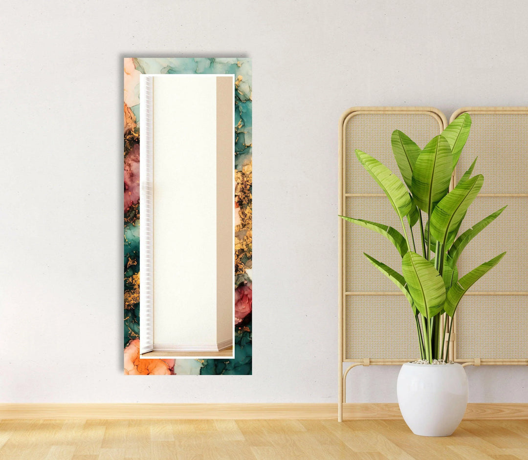 Marble Green & Orange Round Wall Mirror Living Room Wall Mirror