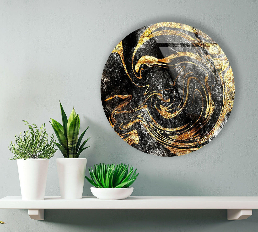 Golden Details Black Abstract Round Glass Wall Art glass art painting, glass art for the Wall