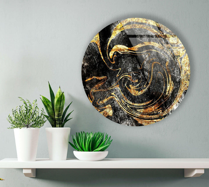 Golden Details Black Abstract Round Glass Wall Art glass art painting, glass art for the Wall