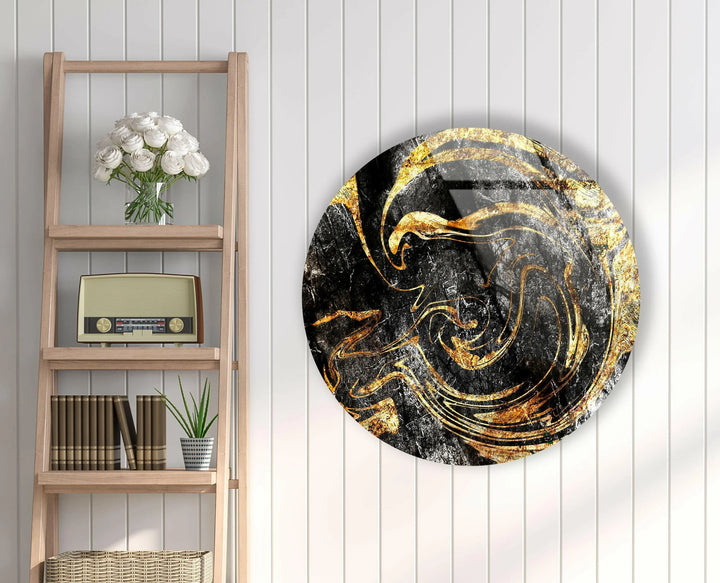 Golden Details Black Abstract Round Glass Wall Art art glass wall art, glass wall art pictures