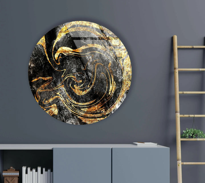 Golden Details Black Abstract Round Glass Wall Art glass pictures for Wall, glass prints wall art