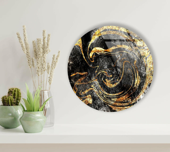 Golden Details Black Abstract Round Glass Wall Art glass image printing, glass prints from photos