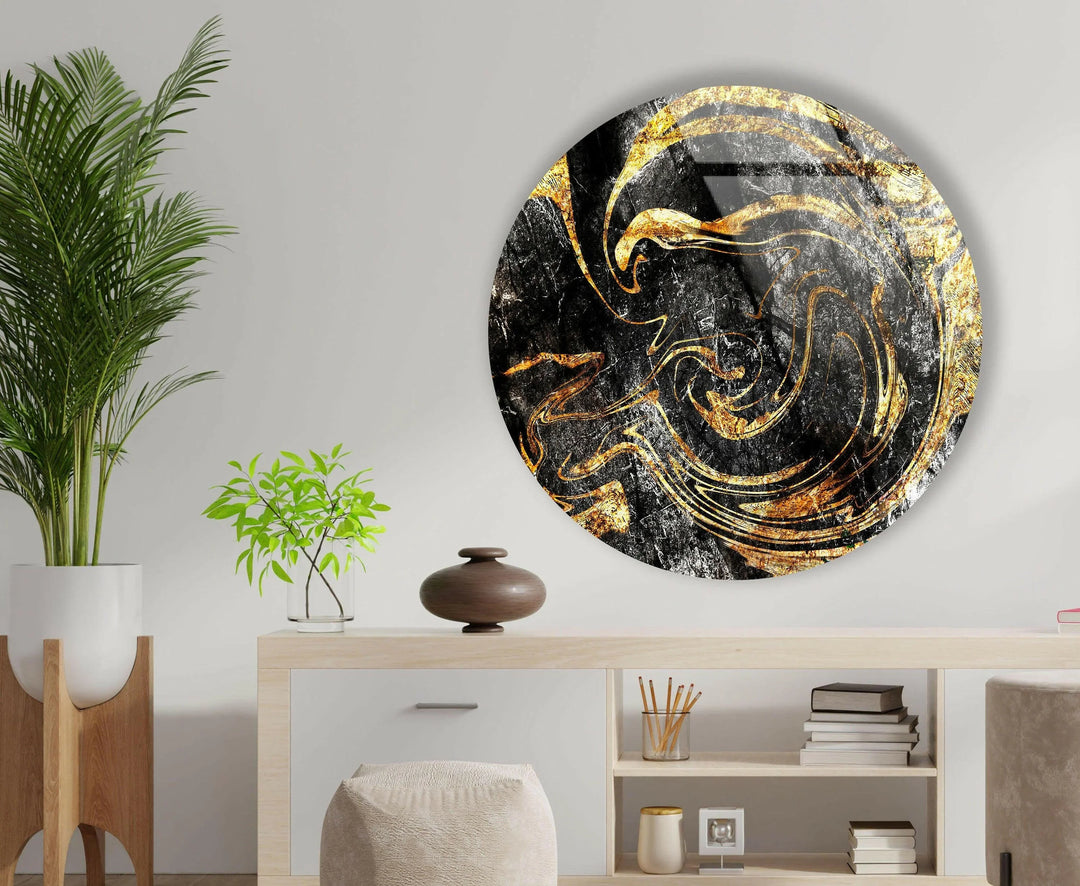 Golden Details Black Abstract Round Glass Wall Art custom glass pictures, glass art prints