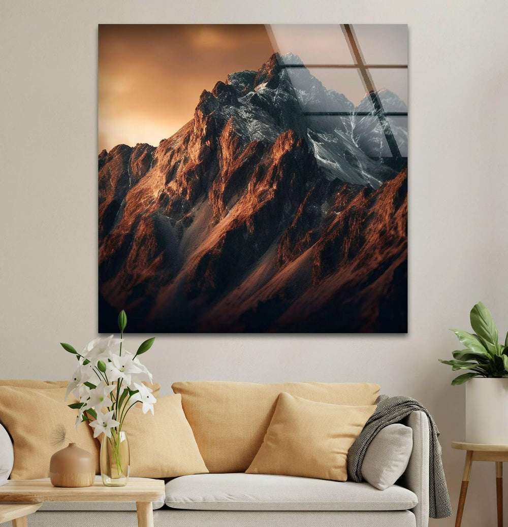 The awe-inspiring beauty of mountain peaks reflected in this high-quality glass wall art.