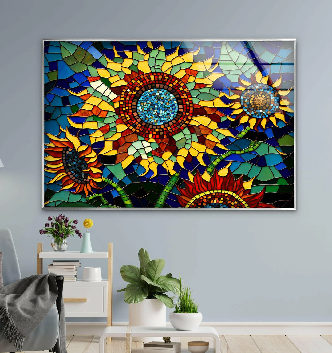 Mosaic Of Sunflowers Glass Wall Art, glass photo prints, glass picture prints