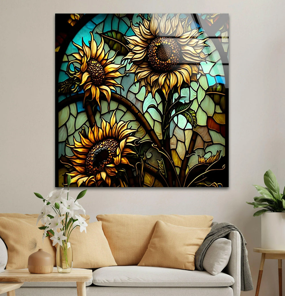 Sunflowers In A Stained Glass Window Glass Wall Art, glass wall decor, glass wall art decor