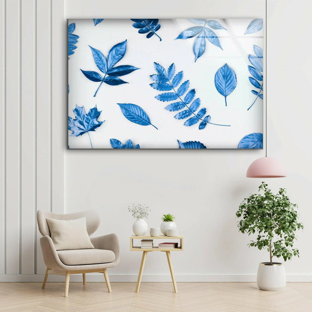 Blue Leaves Glass Wall Art, glass wall decor, glass wall art decor