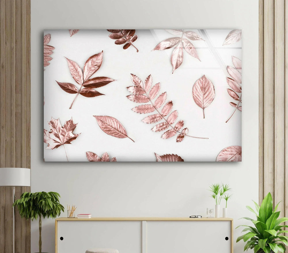 Rose Gold Leaves Glass Wall Art, glass wall decor, glass wall art decor