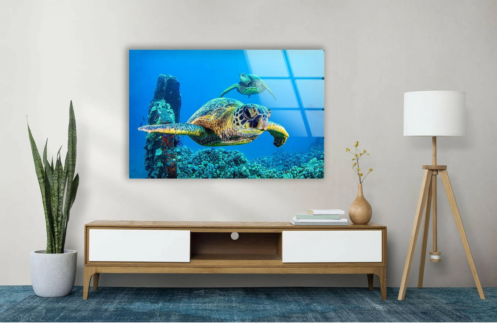 Sea Turtles Swimming Glass Wall Art glass art painting, glass art for the Wall